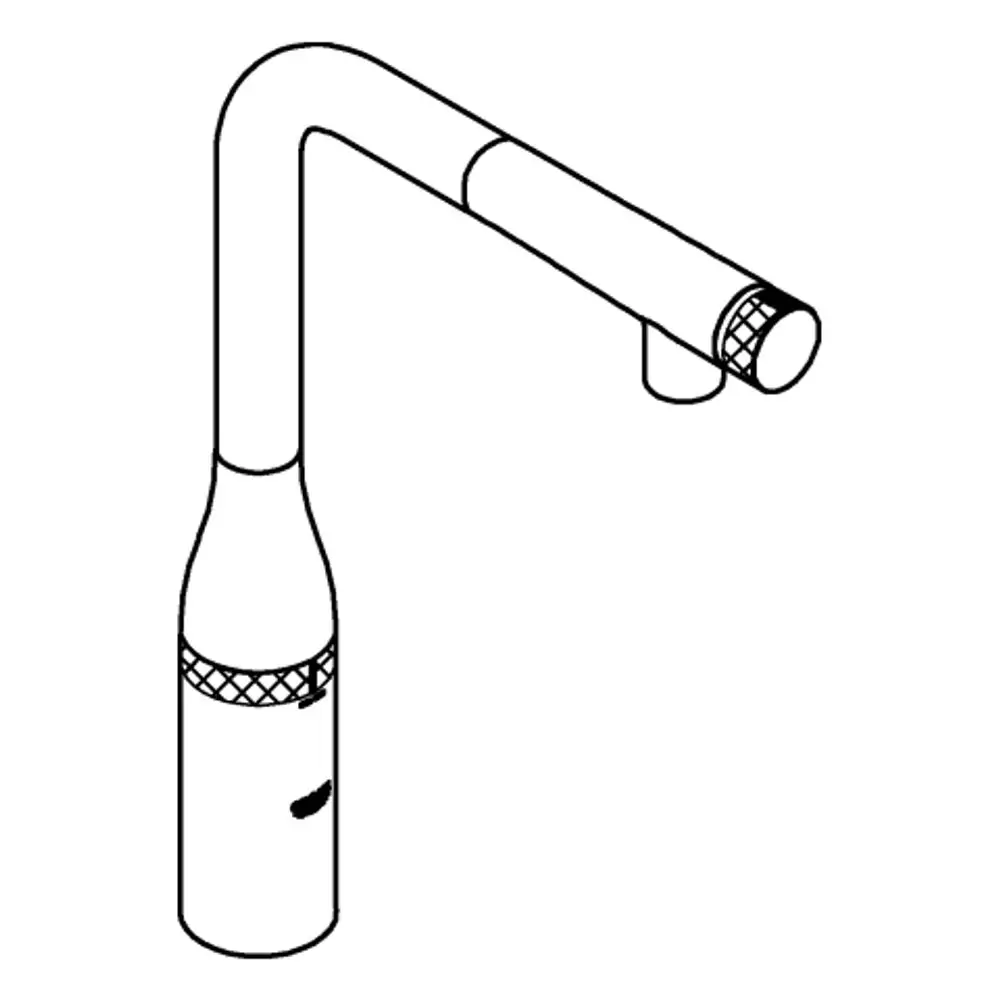 Wasserhahn mit gebogenem Auslauf, aus einem soliden Material, mit einer Spülbrause oben. Produktsymbolik von Grohe sichtbar.