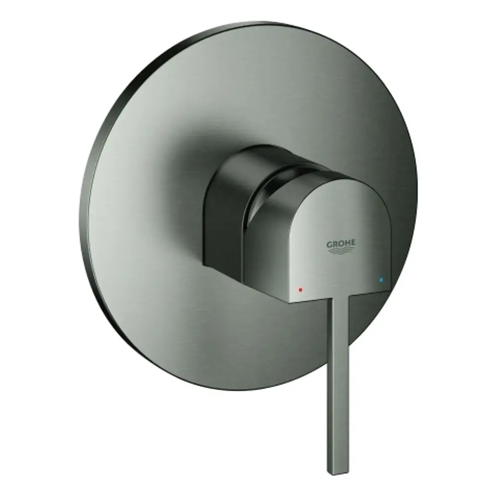 GROHE Armatur in gebürstetem Graphit, runde Wandplatte mit einer Hebelbedienung für die Regulierung von Wasserfluss und Temperatur.