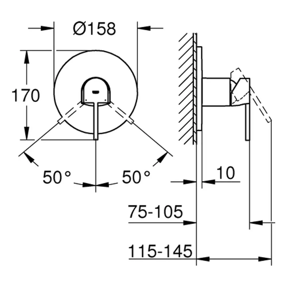 Schematische Darstellung der GROHE Brausebatterie mit Durchmesser Ø158 mm, Montagebilder und Maßlinien für Installation und Ausrichtung.