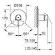 Schematische Darstellung der GROHE Brausebatterie mit Durchmesser Ø158 mm, Montagebilder und Maßlinien für Installation und Ausrichtung.