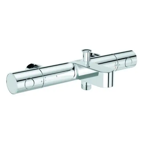 Chromfarbener Thermostat-Mischbatterie mit zwei Reglern für Temperatur und Wasserfluss, geeignet für Badezimmerinstallationen.