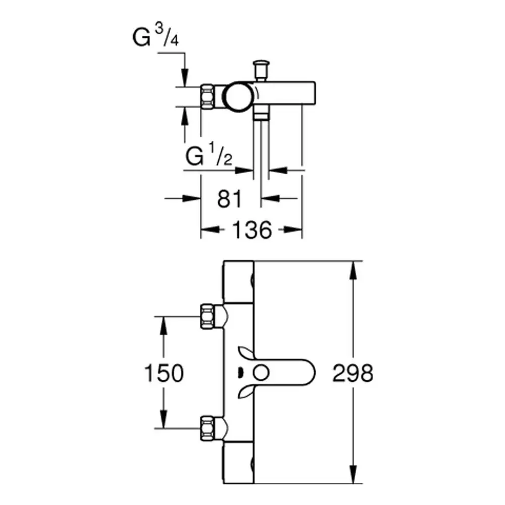 Grohe Wannenbatterie mit horizontalem und vertikalem Anschluss, inklusive Hebel und verstellbarem Auslauf, dargestellt in technischen Zeichnungen mit Abmessungen.