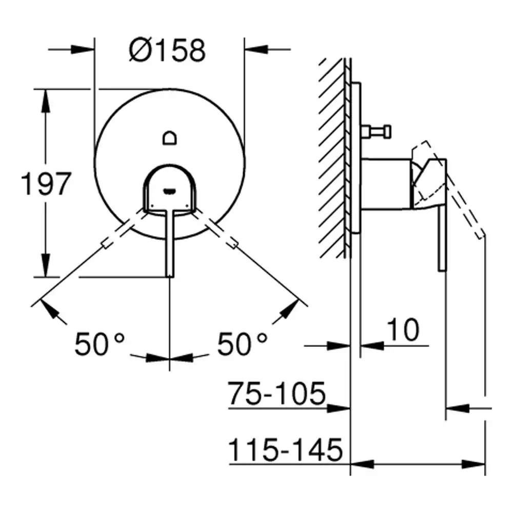 Technische Zeichnung eines Grohe-Produktes mit spezifischen Maßen, einschließlich Durchmesser und Montageanleitung. Seitenansicht zeigt die Konstruktion und Einbauhinweise.
