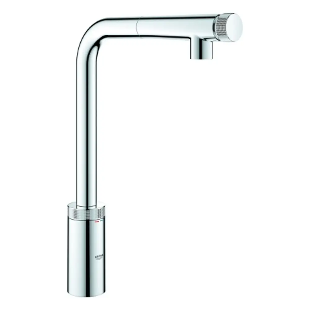 Küchenarmatur in chrom mit einem hohen Auslauf und einem drehbaren Auslauf. Die Steuerung erfolgt über einen Bediensteller. Hersteller ist Grohe.