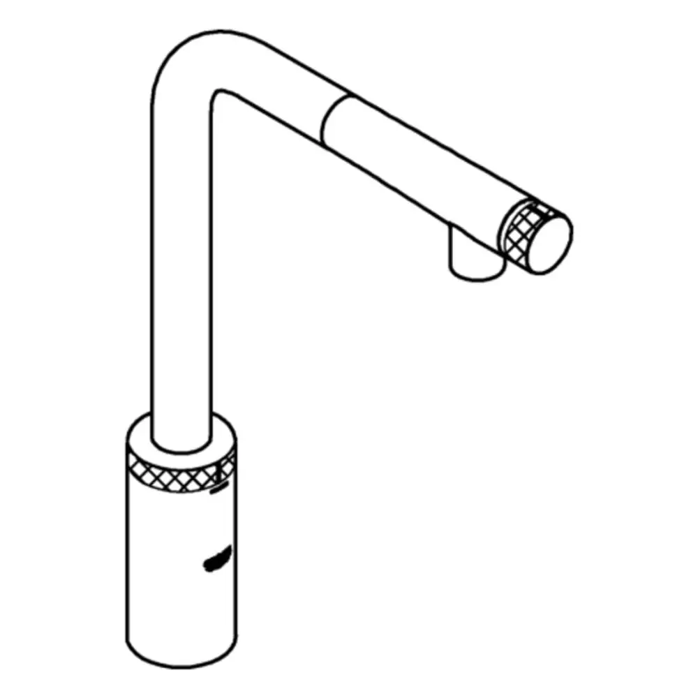 Grohe Küchenarmatur mit einem gebogenen Auslauf und Kontrollmechanismus. Der Auslauf endet in einer Sprühdüse. Edelstahloptik ohne sichtbare Markierungen.