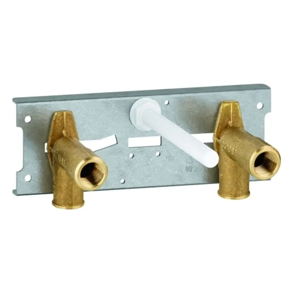 Brass fittings mounted on a metal plate with a white pipe connector, designed for wall-mounted thermostatic systems from Grohe.