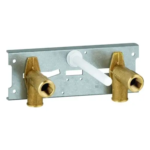 Brass fittings mounted on a metal plate with a white pipe connector, designed for wall-mounted thermostatic systems from Grohe.