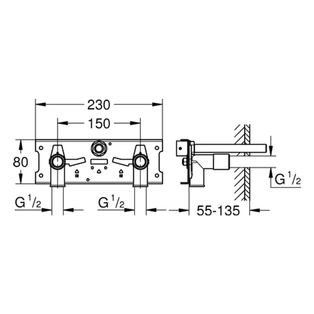 Schematische Darstellung eines Thermostat-Rohbausatzes von Grohe mit Maßangaben und Anschlussmöglichkeiten für Wasserleitungen.