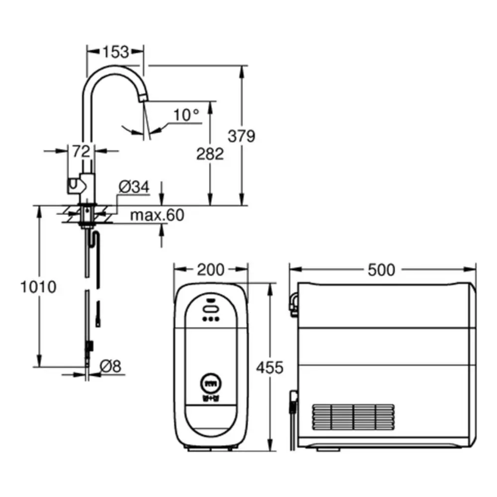 Technische Zeichnung eines Grohe Produkts mit Wasserhahn und einem dazugehörigen System. Die Abmessungen sind präzise dargestellt.