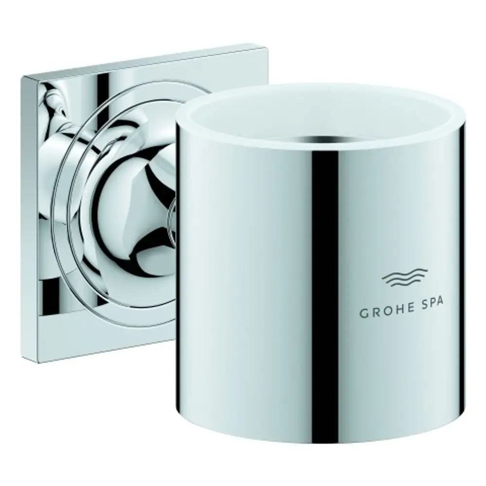 Halterung für Glas oder Seifenspender in glänzendem Chrom, befestigt an einer quadratischen Wandplatte. Hersteller: Grohe.