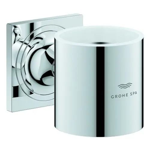 Halterung für Glas oder Seifenspender in glänzendem Chrom, befestigt an einer quadratischen Wandplatte. Hersteller: Grohe.