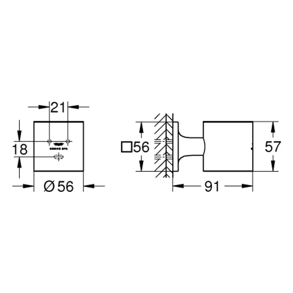 Wandhalter aus verchromtem Metall von Grohe, rechteckig mit rundem Auslass, zur Montage von Glas- oder Seifenspendern, mit detaillierten Maßen und Formen im technischen Design.
