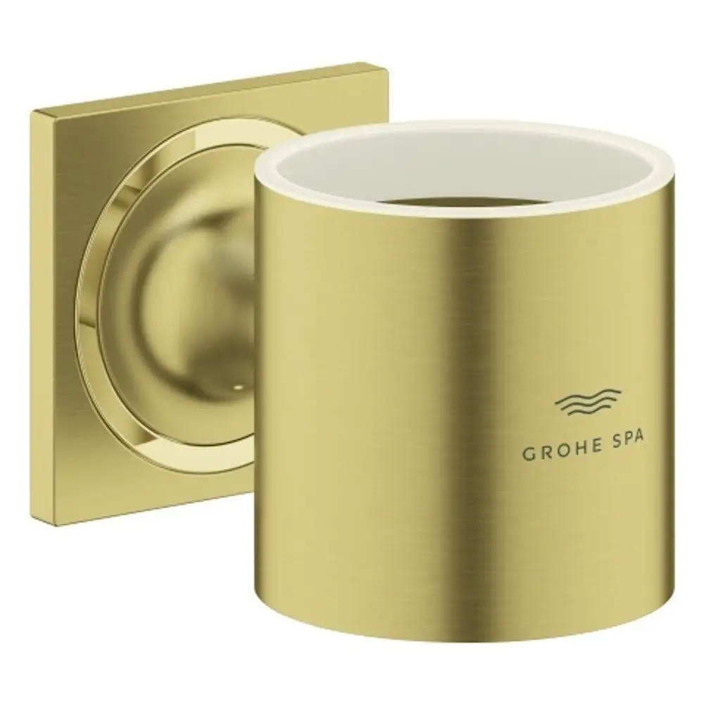 Wandhalterung in Goldoptik von Grohe für Glas oder Seifenspender. Runde Halterung mit quadratischer Basis. Dezentes Design für moderne Badezimmer.