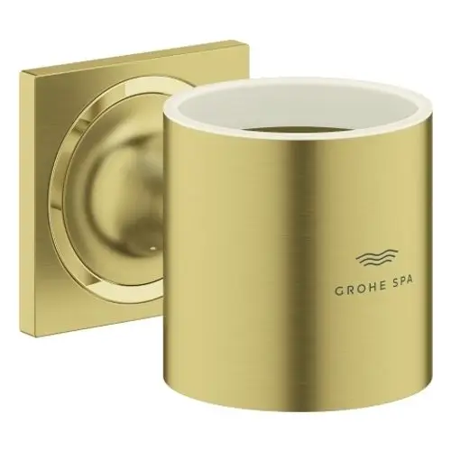 Wandhalterung in Goldoptik von Grohe für Glas oder Seifenspender. Runde Halterung mit quadratischer Basis. Dezentes Design für moderne Badezimmer.