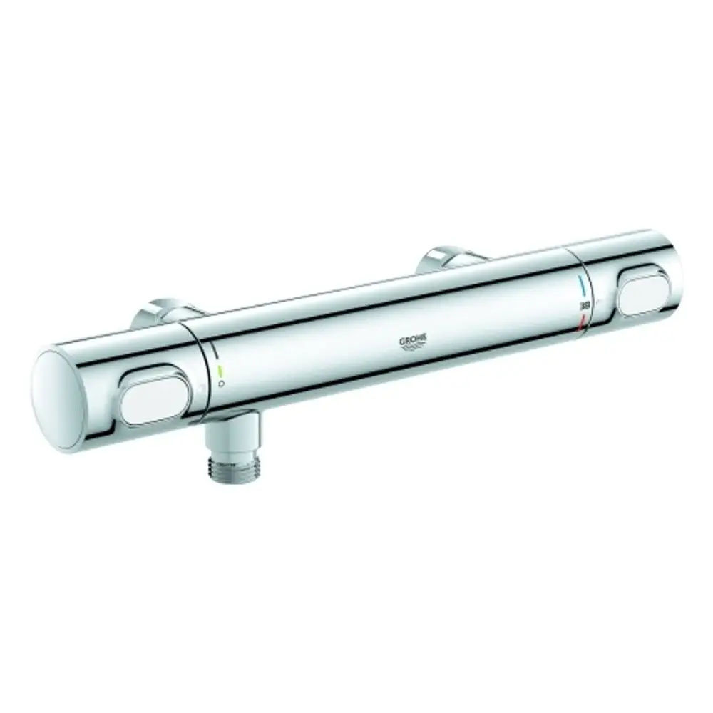 Grohe Wandmontage-Brausebatterie in glänzendem Chrom mit Temperaturanzeige und Regulierungselementen. Eingebautes Sicherheitssystem für die Wassertemperatur.