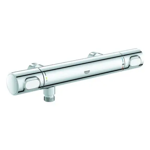 Grohe Wandmontage-Brausebatterie in glänzendem Chrom mit Temperaturanzeige und Regulierungselementen. Eingebautes Sicherheitssystem für die Wassertemperatur.