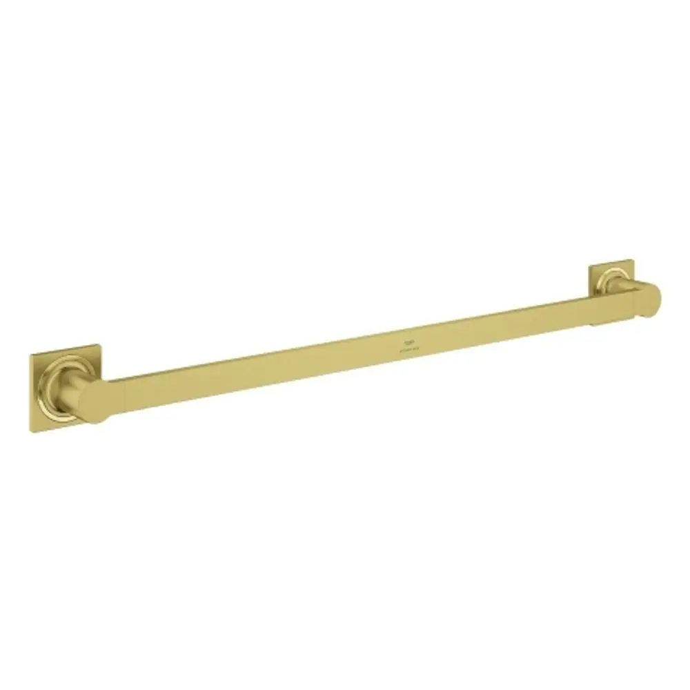 Goldfarbener Handtuchhalter von Grohe, bestehend aus einem langen, geraden Stab, der an den Enden in runde Halterungen eingelassen ist. Montageplatten in quadratischer Form.