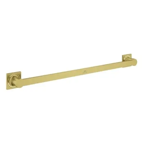 Goldfarbener Handtuchhalter von Grohe, bestehend aus einem langen, geraden Stab, der an den Enden in runde Halterungen eingelassen ist. Montageplatten in quadratischer Form.