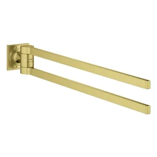 Doppel-Handtuchhalter von Grohe mit zwei parallel angeordneten Stangen in gebürsteter Optik, montiert an einer quadratischen Wandbasis.