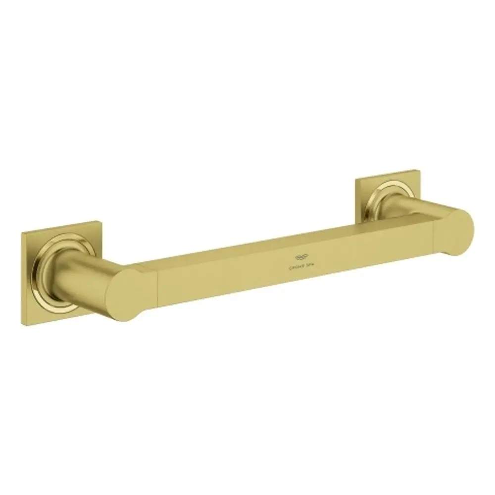 Grohe-Wannengriff in gebürstetem Gold. Rechteckige Halterungen an beiden Enden, zentraler Griff mit schlichter, gerader Form. Ideal für den Einsatz in Badezimmern.