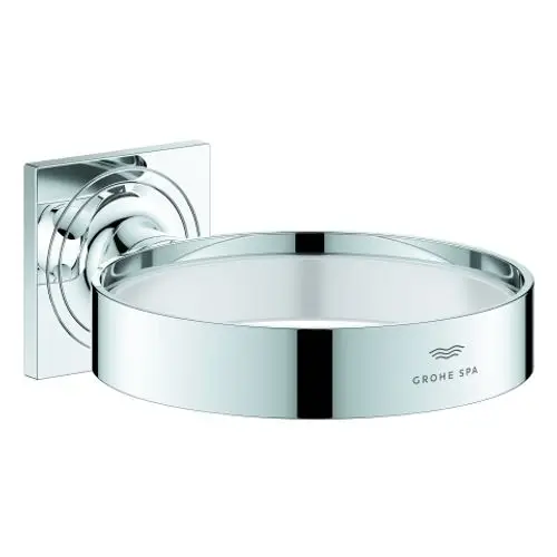 Wandmontierter Halter aus verchromtem Metall, mit runder Ablagefläche und quadratischem Montageelement, geeignet für Seifenschale oder Föneinsatz, von Grohe.