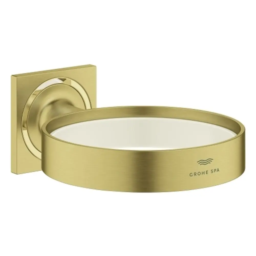 Wandhalterung für Seifenschale von Grohe in gebürstetem Gold mit quadratischer Basis und rundem Halter, geeignet für Badezimmeranwendungen.