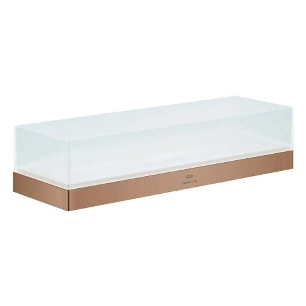 Transparente Ablage mit einem gebürsteten, warmen Sunset-Finish. Marke Grohe, geeignet zur Wandmontage. Klarer, minimalistischer Designansatz.