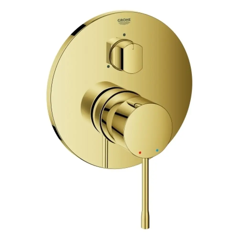 Goldene Wandarmatur von Grohe mit runden Bedienelementen zur Steuerung von Wasserfluss und Temperatur. Einheitliche Oberfläche ohne sichtbare Schrauben.