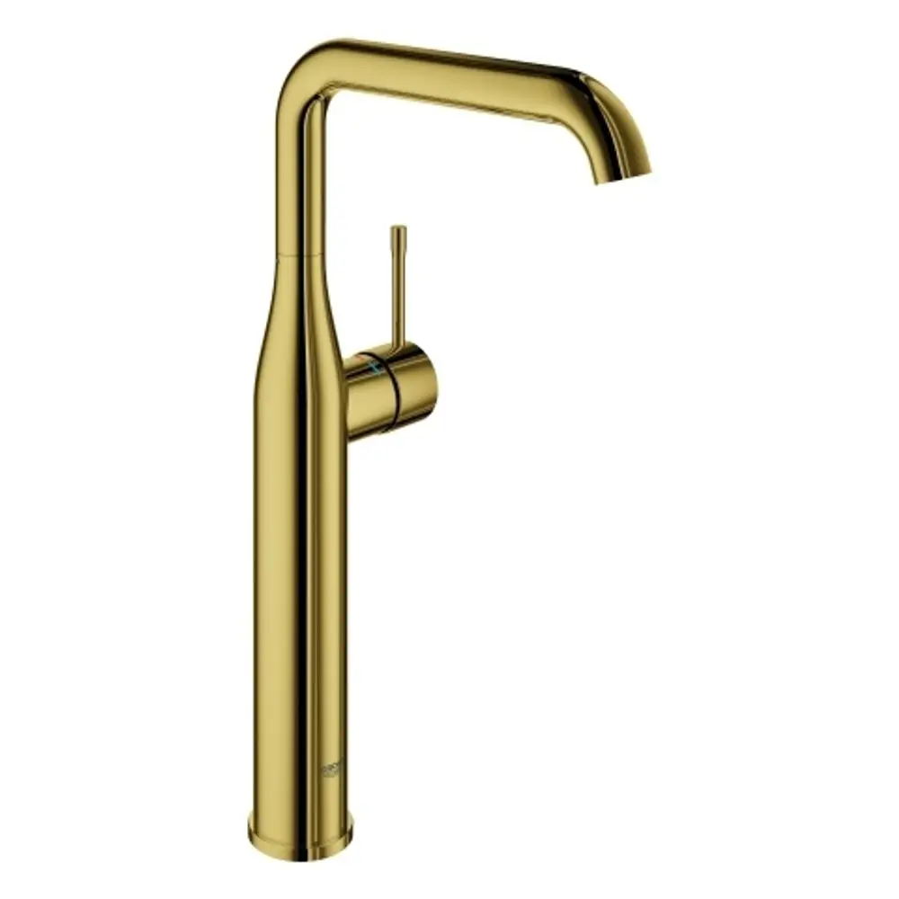 Freistehender Wasserhahn in goldener Ausführung von Grohe mit einem schlanken Design und einem seitlichen Hebel zur Steuerung des Wasserflusses.