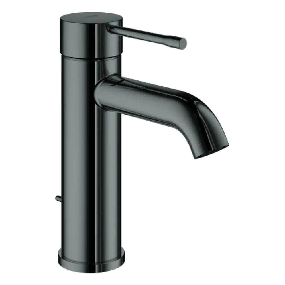 Einhand-Waschtischbatterie in schwarzem Finish von Grohe, mit einem geraden Auslauf und einem betätigbaren Hebel an der Oberseite.