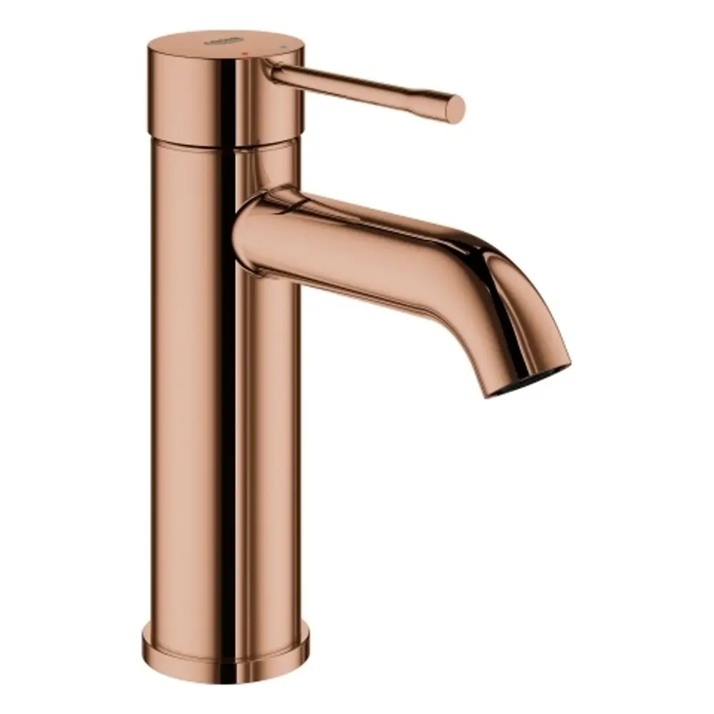 Kupferfarbene Grohe-Waschtischarmatur mit einem langen, geschwungenen Auslauf und einem Hebel zum Einstellen der Wassertemperatur oben.