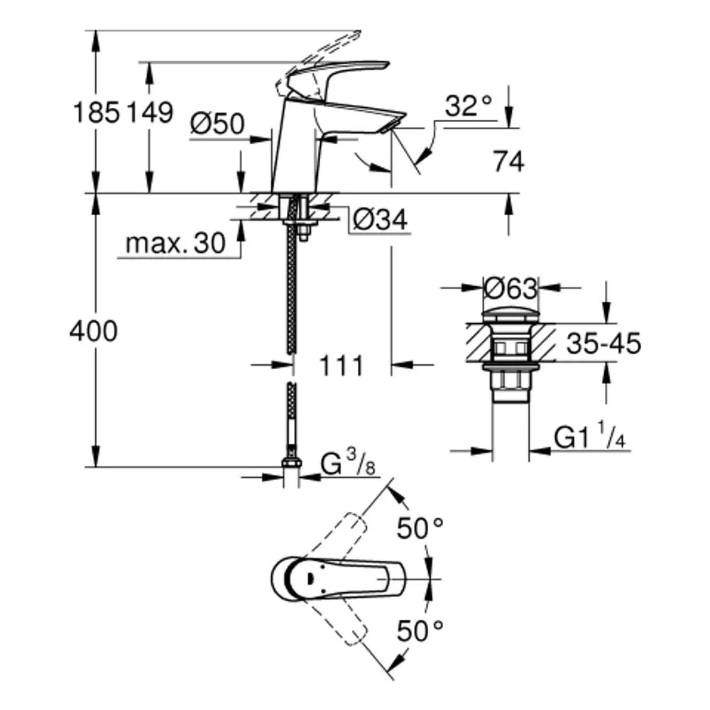 Grohe-Waschtischarmatur mit Neigung, seitliche Bedienung, unter Berücksichtigung der Montageanleitung und Abmessungen. Technische Zeichnung mit Maßangaben und Anschlussdetails.