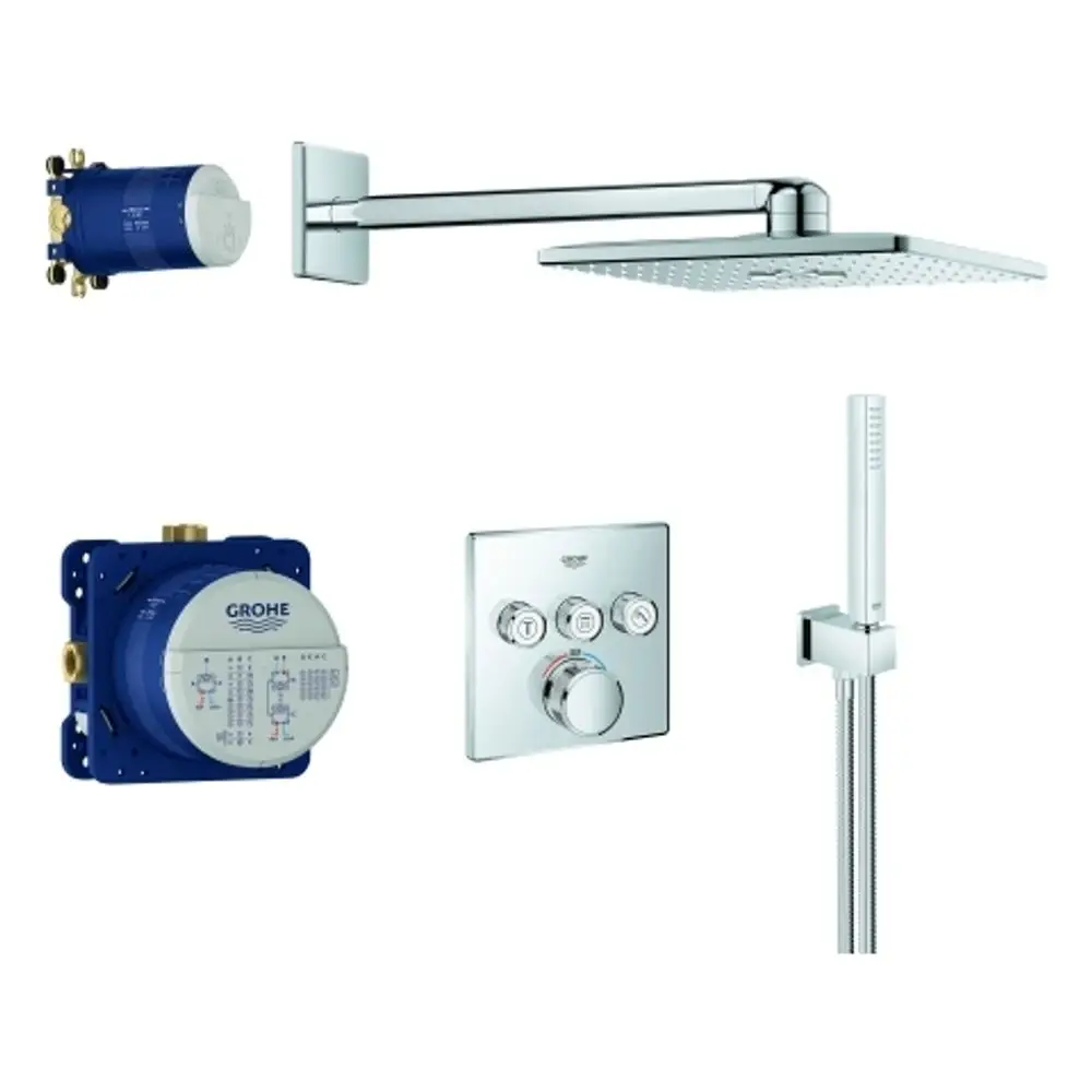 Duschsystem mit Grohe-Armatur, inklusive Kopfbrause, Handbrause, Verknüpfungselementen und Bedienfeld. Das Design ist eckig mit chromfarbener Oberfläche.
