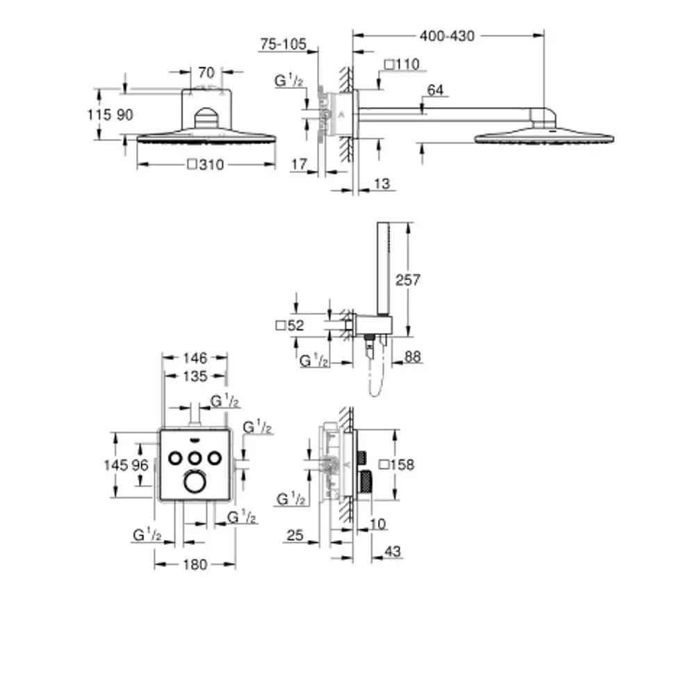 Grohe Duschsystem mit quadratischem Kopf und Steuerungseinheit, diagrammatische Darstellung von Maßen und Installationsdetails, in chromfarbener Ausführung.