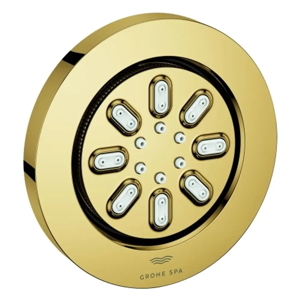 Runde, goldene Duschbrause mit mehreren Wasserstrahldüsen. Das Design zeigt ein gleichmäßiges Muster, typisch für Grohe Produkte.