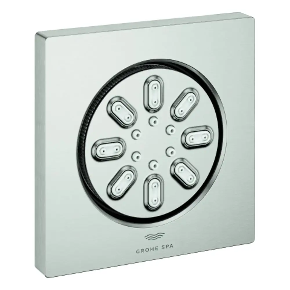GROHE Duschkopf mit runder, flacher Form und mehreren Düsen, montiert auf einer quadratischen Wandplatte in matter Edelstahloptik.