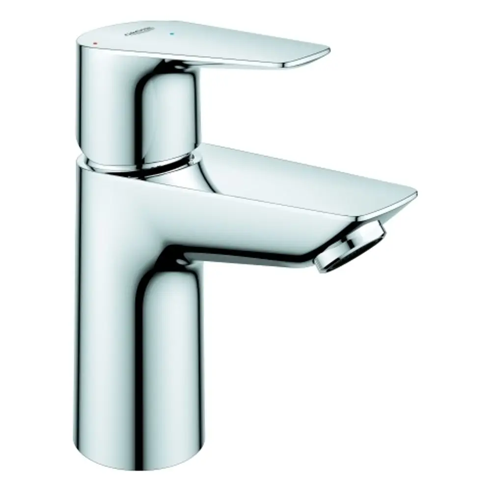 Ein Grohe-Wasserhahn mit einem modernen Design, einem glatten Chromfinish und einem Hebel zur Temperatureinstellung, montiert auf einer flachen Basis.