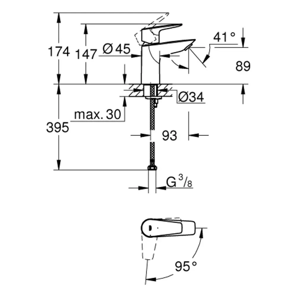 Eine GROHE Einhandmischer-Batterie mit klaren Dimensionen und zwei Wasseranschlüssen. Grafische Darstellung zeigt Abmessungen und Drehradius des Hebels.