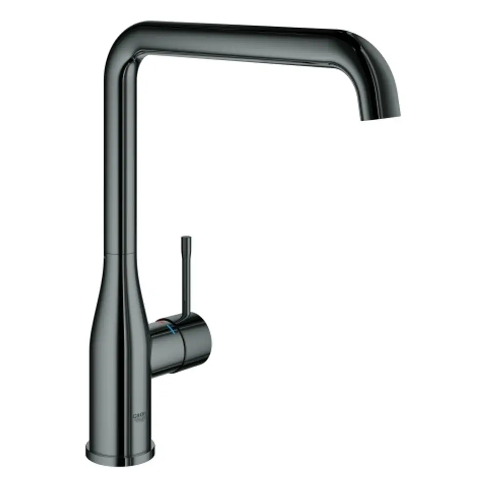 GROHE Küchenarmatur mit hohem Auslauf in dunkler Graphitfarbe. Der Auslauf hat eine gebogene Form und einen seitlich angebrachten Hebel zur Wasserregulierung.