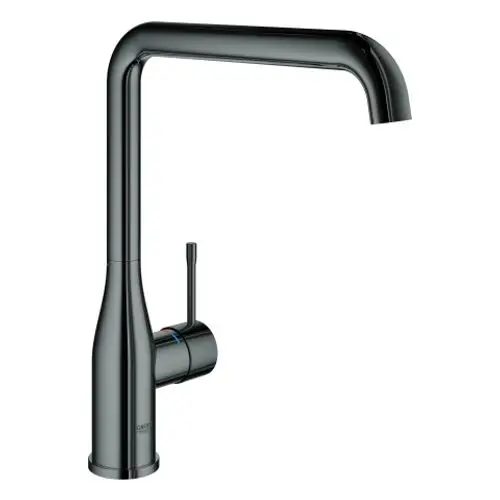 GROHE Küchenarmatur mit hohem Auslauf in dunkler Graphitfarbe. Der Auslauf hat eine gebogene Form und einen seitlich angebrachten Hebel zur Wasserregulierung.