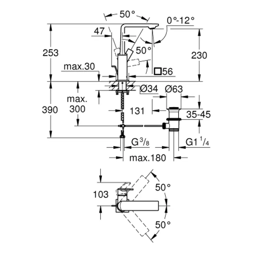 Technische Zeichnung einer Grohe-Wasserarmatur mit verschiedenen Maßen, Neigungswinkeln und Anschlussdetails auf einem weißen Hintergrund.