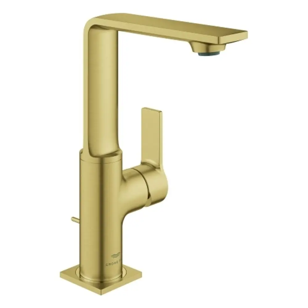 Grohe Wasserhahn in gebürstetem Gold, mit einem rechteckigen Auslauf und einem Hebel zur Temperatur- und Mengenregulierung.