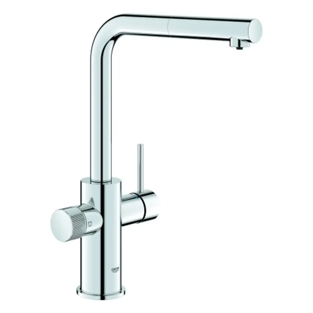 Küchenarmatur aus chromfarbenem Metall mit einem rechteckigen Auslauf und einem seitlichen Hebel. Grohe-Logo auf der Basis erkennbar.