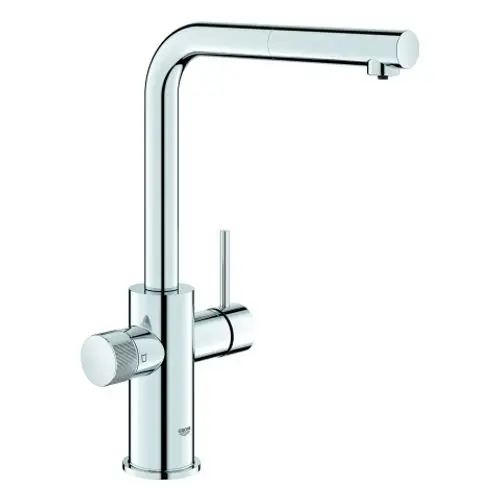Küchenarmatur aus chromfarbenem Metall mit einem rechteckigen Auslauf und einem seitlichen Hebel. Grohe-Logo auf der Basis erkennbar.