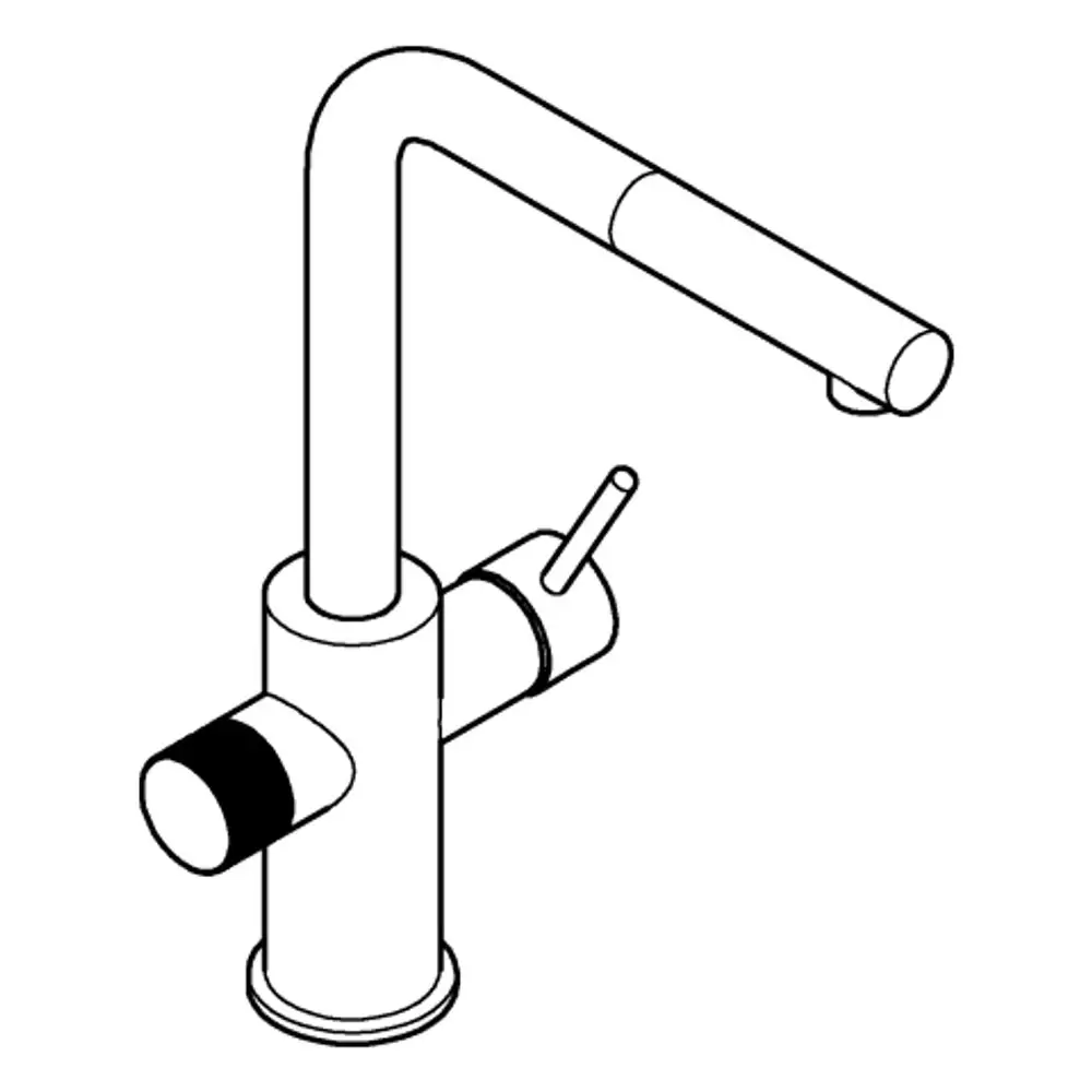 Ein Wasserhahn von Grohe mit einem langen, gebogenen Auslauf und einem seitlichen Hebel zur Steuerung des Wasserflusses. Das Design ist schlicht und funktional.