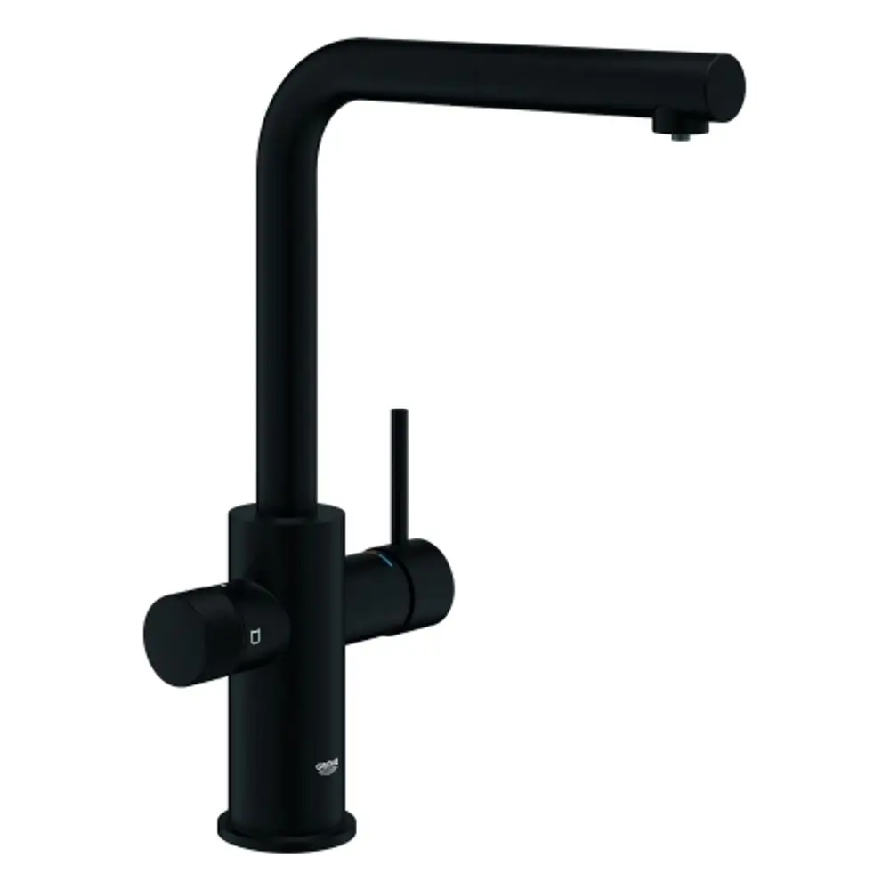 Schwarze Küchenarmatur von Grohe mit hohem Auslauf und zwei Griffen zur Temperatur- und Mengenregulierung.