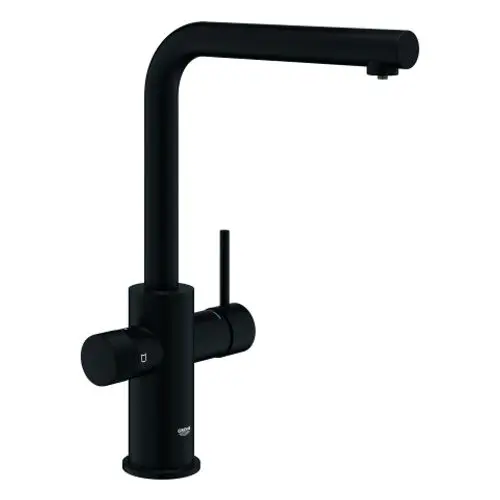 Schwarze Küchenarmatur von Grohe mit hohem Auslauf und zwei Griffen zur Temperatur- und Mengenregulierung.
