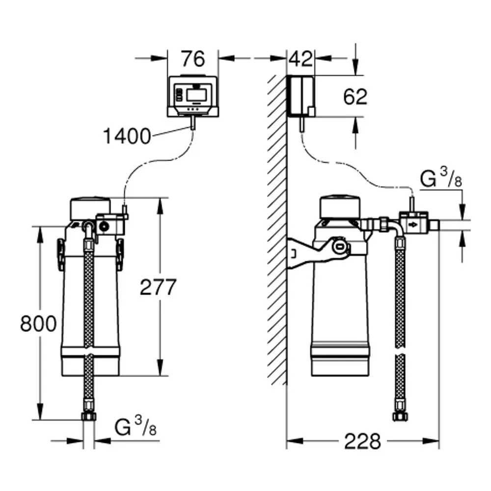 Technische Zeichnung eines Grohe Wasserfilters mit Montageanleitung, Maße und Anschlussdetails. Seitenansicht und Frontansicht sind abgebildet.