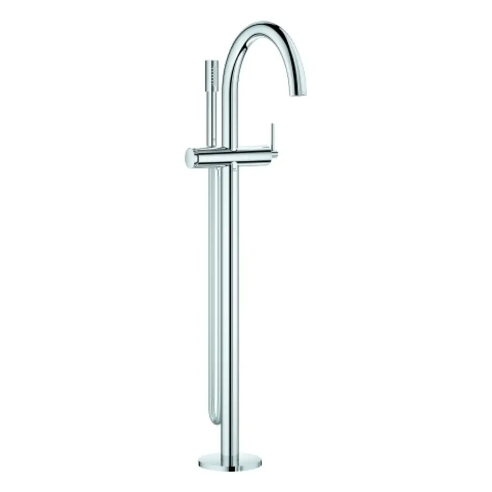 Stehende, hochglänzende Chrom-Wannenbatterie von Grohe mit Handbrause und einem schlanken, modernen Design, ideal für die Bodenmontage in Badezimmern.