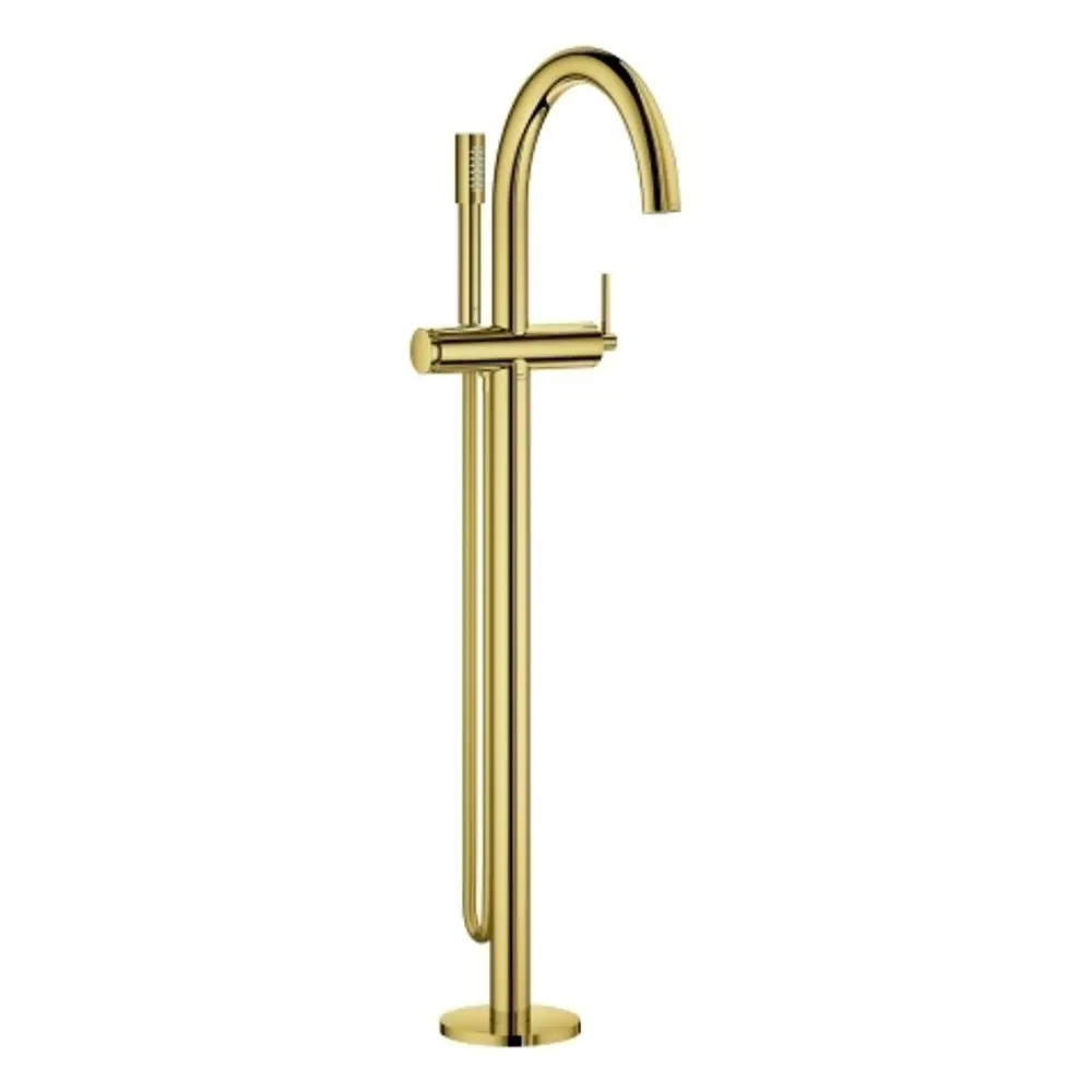 Stehende Wannenbatterie in glänzendem Gold mit einem hohen Auslauf und Handbrause. Hersteller ist Grohe. Ideal für die Bodenmontage in einem Bad.